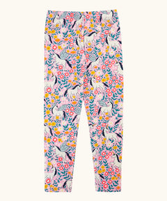 Frugi organic cotton libby leggings with a floral flight print. Pink background with all over print featuring flowers, foliage and Pegasus.