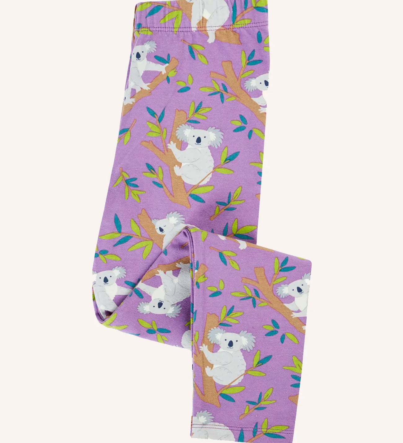 Frugi libby purple organic cotton leggings with an all over koala cuddles print, shown folded.