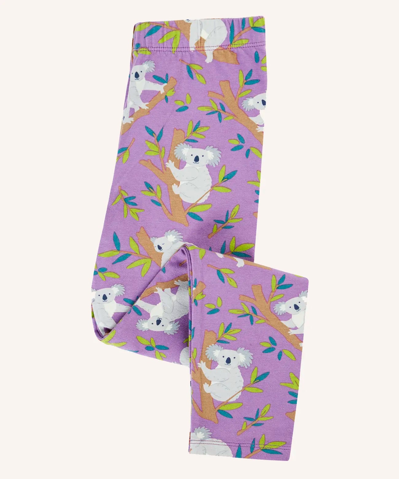 Frugi libby purple organic cotton leggings with an all over koala cuddles print, shown folded.