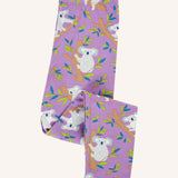 Frugi libby purple organic cotton leggings with an all over koala cuddles print, shown folded.