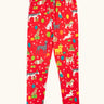Frugi organic cotton libby leggings with a perfect paw-ty party print. Red background with all over print featuring pets with party hats surrounded by gifts and baloons.
