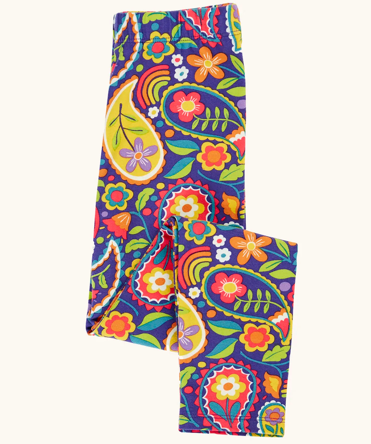 Frugi organic cotton libby leggings with a pretty paisley print shown folded. Purple background with all over paisley print featuring flowers.