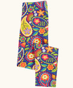 Frugi organic cotton libby leggings with a pretty paisley print shown folded. Purple background with all over paisley print featuring flowers.
