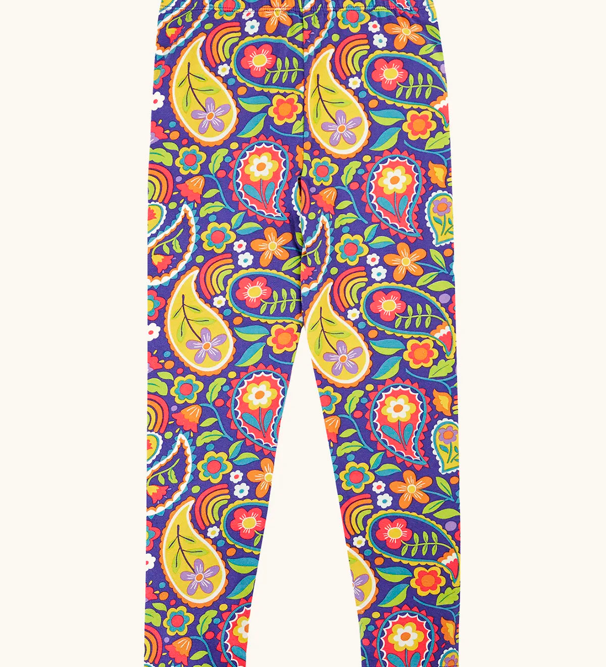 Frugi organic cotton libby leggings with a pretty paisley print. Purple background with all over paisley print featuring flowers.