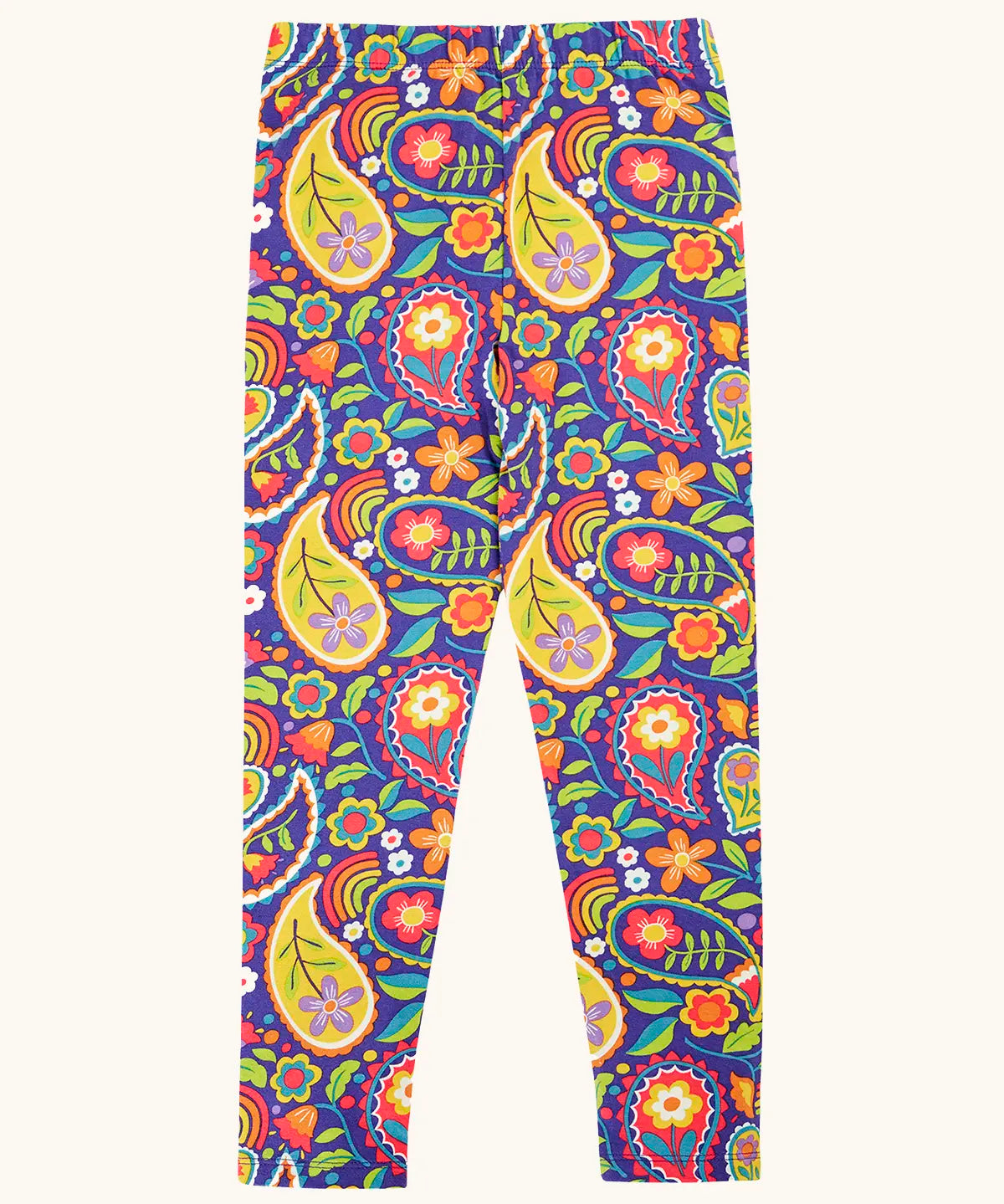 Frugi organic cotton libby leggings with a pretty paisley print. Purple background with all over paisley print featuring flowers.