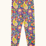 Frugi organic cotton libby leggings with a pretty paisley print. Purple background with all over paisley print featuring flowers.