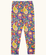 Frugi organic cotton libby leggings with a pretty paisley print. Purple background with all over paisley print featuring flowers.