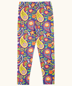 Frugi organic cotton libby leggings with a pretty paisley print. Purple background with all over paisley print featuring flowers.