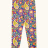 Frugi organic cotton libby leggings with a pretty paisley print. Purple background with all over paisley print featuring flowers.