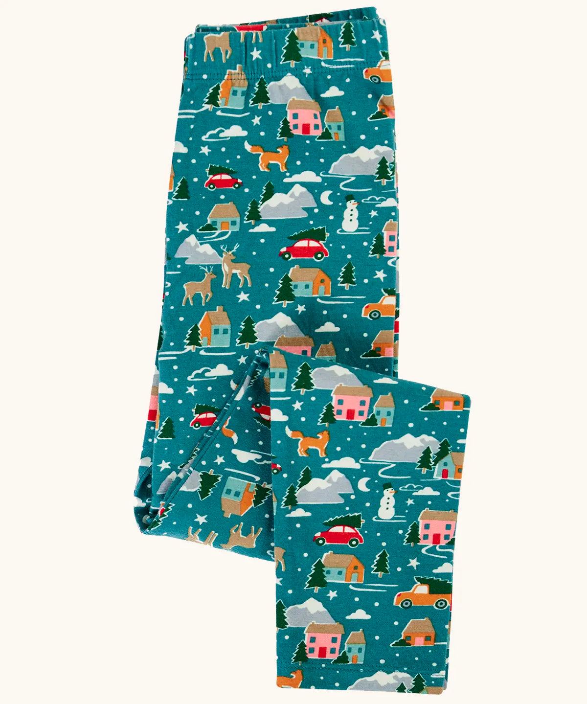 Frugi organic cotton libby leggings with a winter drives print shown folded. Teal background with all over print featuring reindeer, houses, trees and vehicles.