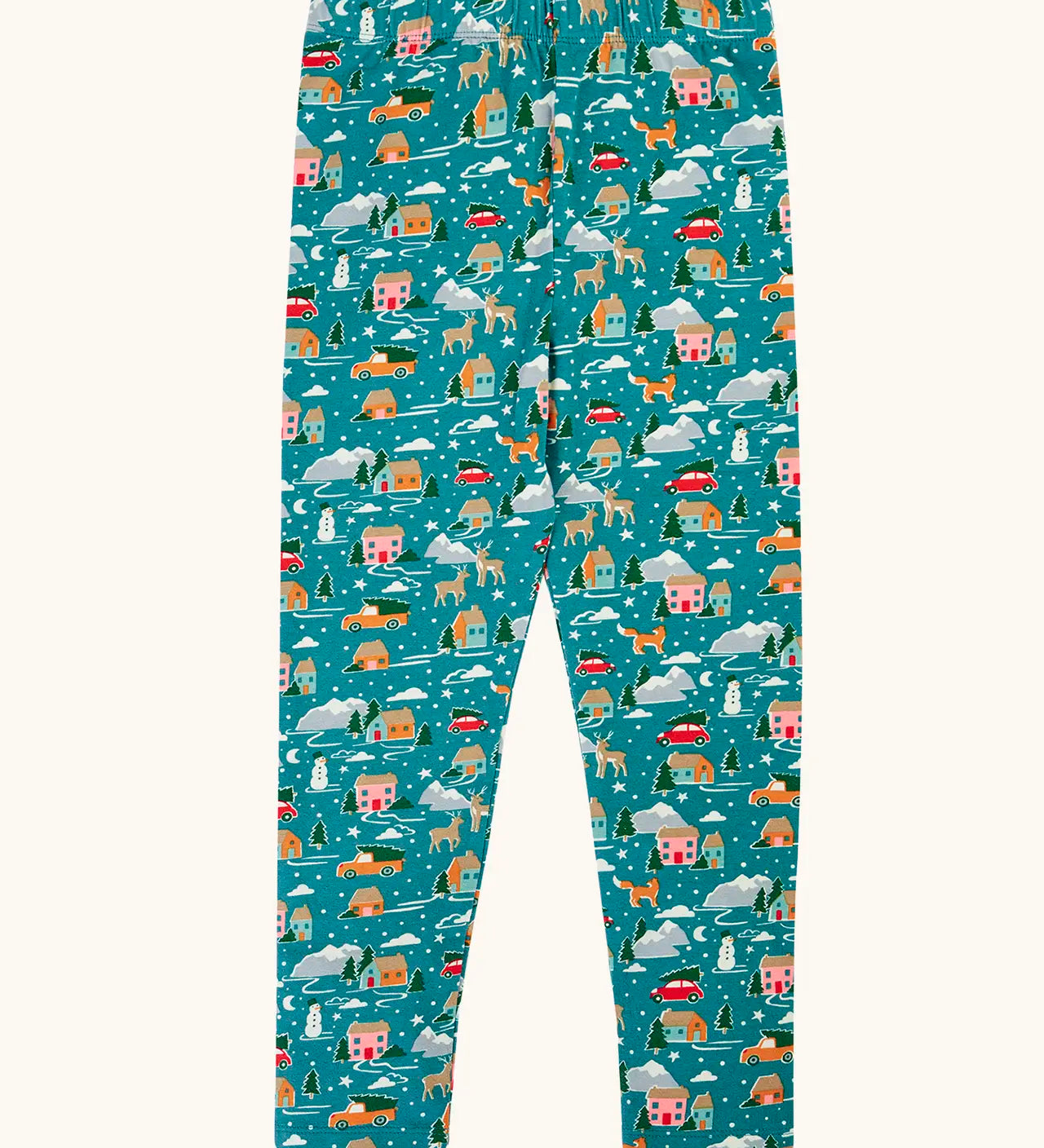 Frugi organic cotton libby leggings with a winter drives print. Teal background with all over print featuring reindeer, houses, trees and vehicles.