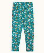 Frugi organic cotton libby leggings with a winter drives print. Teal background with all over print featuring reindeer, houses, trees and vehicles.