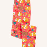 Frugi libby pink organic cotton  leggings with an all over guinea pig muddle print shown folded.