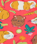 Close up of the guinea pig puddle print on the Frugi libby pink organic cotton  leggings with an all over guinea pig muddle print.