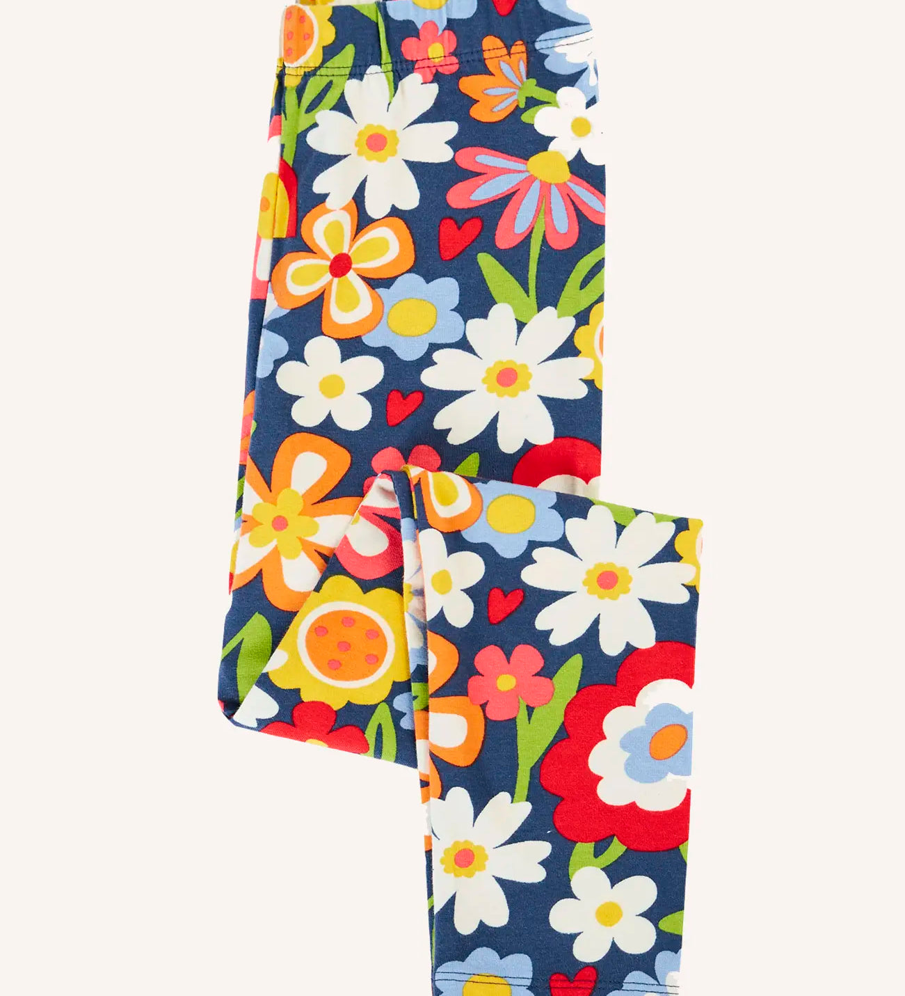 Frugi libby beautiful bunch printed organic cotton leggings. Navy coloured background with all over flower print.
