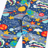Close up of the Frugi libby navy organic cotton leggings with explore the stars, space themed print. 