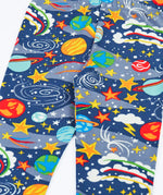 Close up of the Frugi libby navy organic cotton leggings with explore the stars, space themed print. 