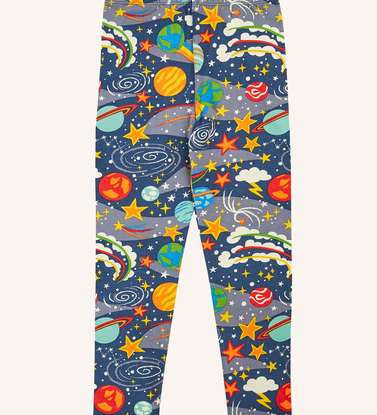 Frugi libby navy organic cotton leggings with explore the stars, space themed print. 