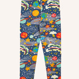 Frugi libby navy organic cotton leggings with explore the stars, space themed print. 