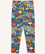 Frugi libby navy organic cotton leggings with explore the stars, space themed print. 