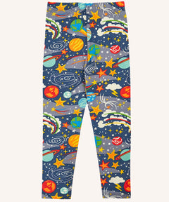 Frugi libby navy organic cotton leggings with explore the stars, space themed print. 