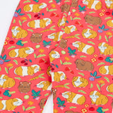 Close up of the Frugi libby pink organic cotton  leggings with an all over guinea pig muddle print. 