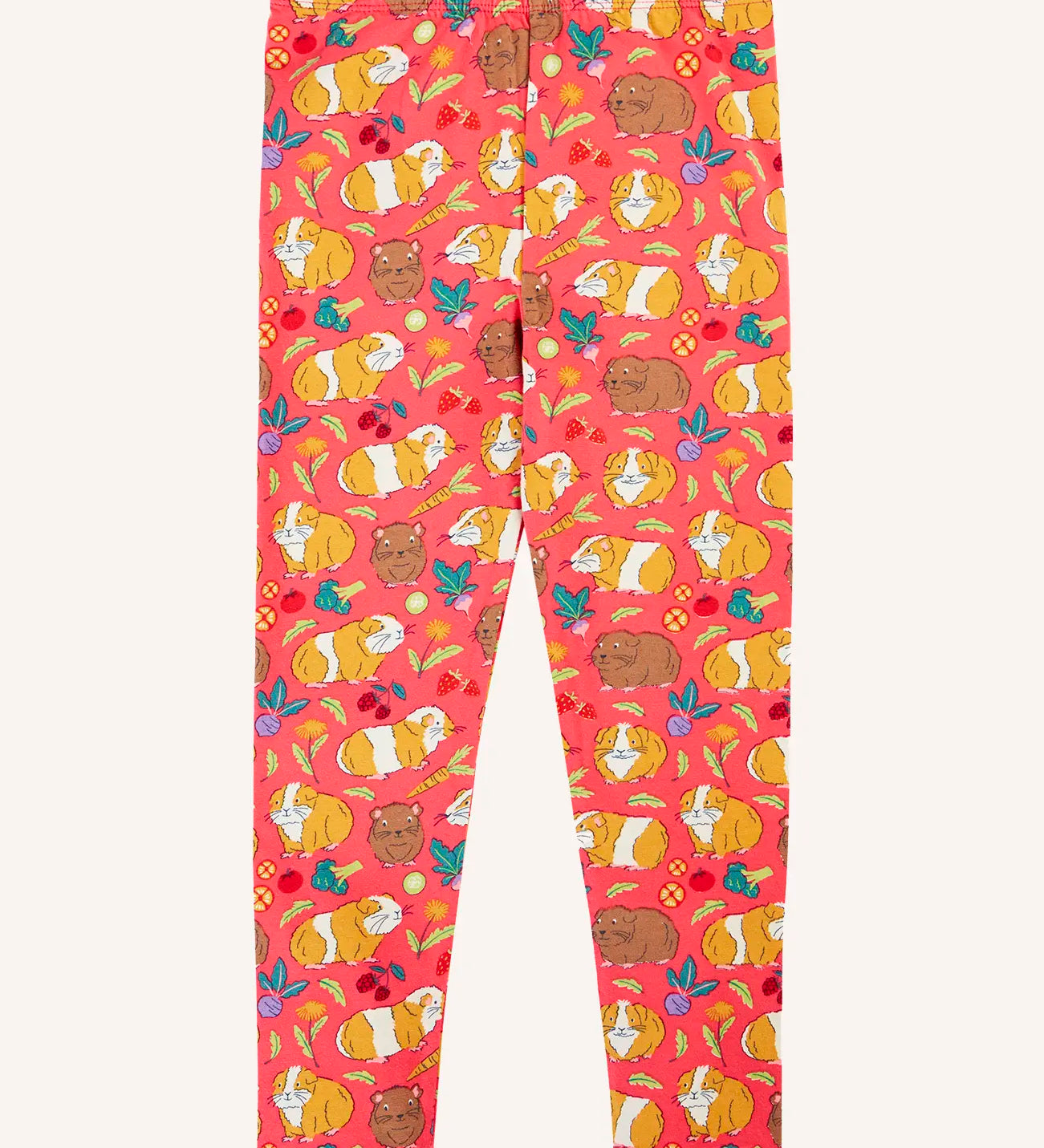 Frugi libby pink organic cotton  leggings with an all over guinea pig muddle print.