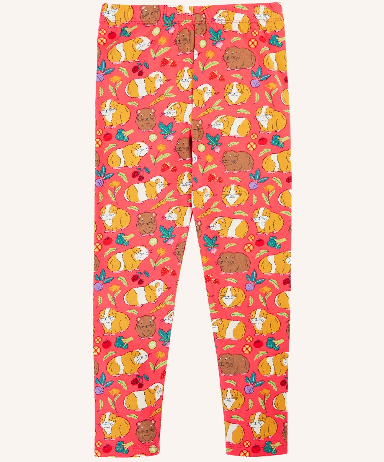 Frugi libby pink organic cotton  leggings with an all over guinea pig muddle print.