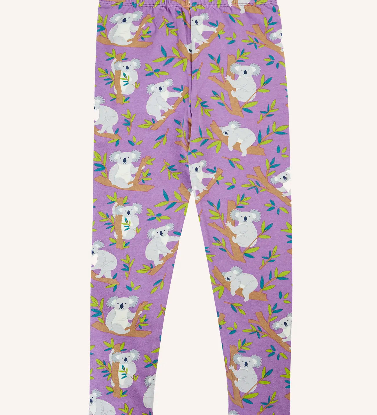 Frugi libby purple organic cotton leggings with an all over koala cuddles print.