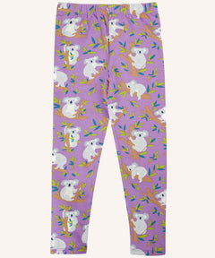 Frugi libby purple organic cotton leggings with an all over koala cuddles print.