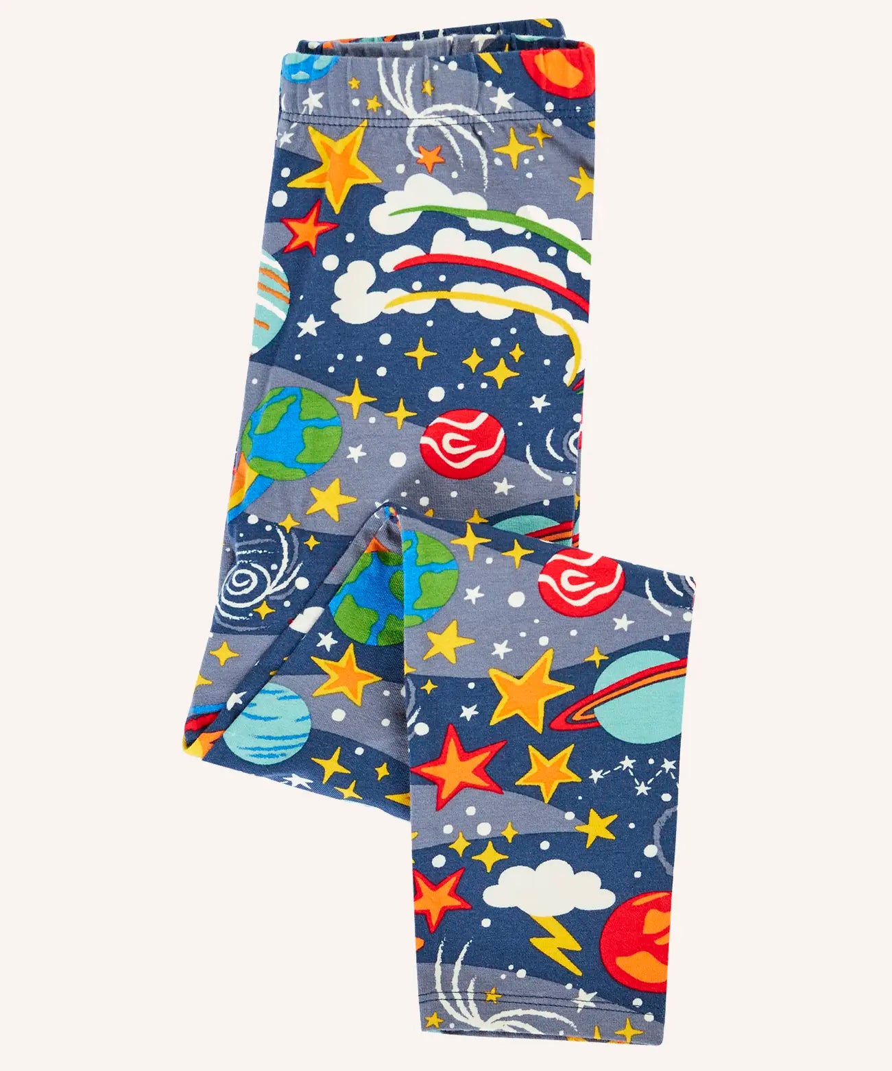 Frugi libby navy organic cotton leggings with explore the stars, space themed print shown folded.
