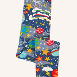 Frugi libby navy organic cotton leggings with explore the stars, space themed print shown folded.