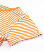 Close up of the Frugi kids lifeboat stripe veg t-shirt. Showing the short sleeve detail on orange and white stripe organic cotton fabric