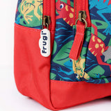 A close up of the bottom of the Frugi little adventures be hoppy backpack showing the zip detail and red trim. 