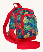 Side view of the Frugi little adventures be hoppy backpack showing the zip detail and handy red rein that's clipped to the top of the bag.