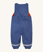 The back of the Frugi little kids waterproof navy dungarees showing the elasticated band for a snug fit and leg cuff detail.