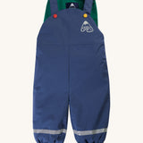 Frugi Children's Little Waterproof Dungarees - Navy Blue, with a Navy blue outer and fleece green inner lining
