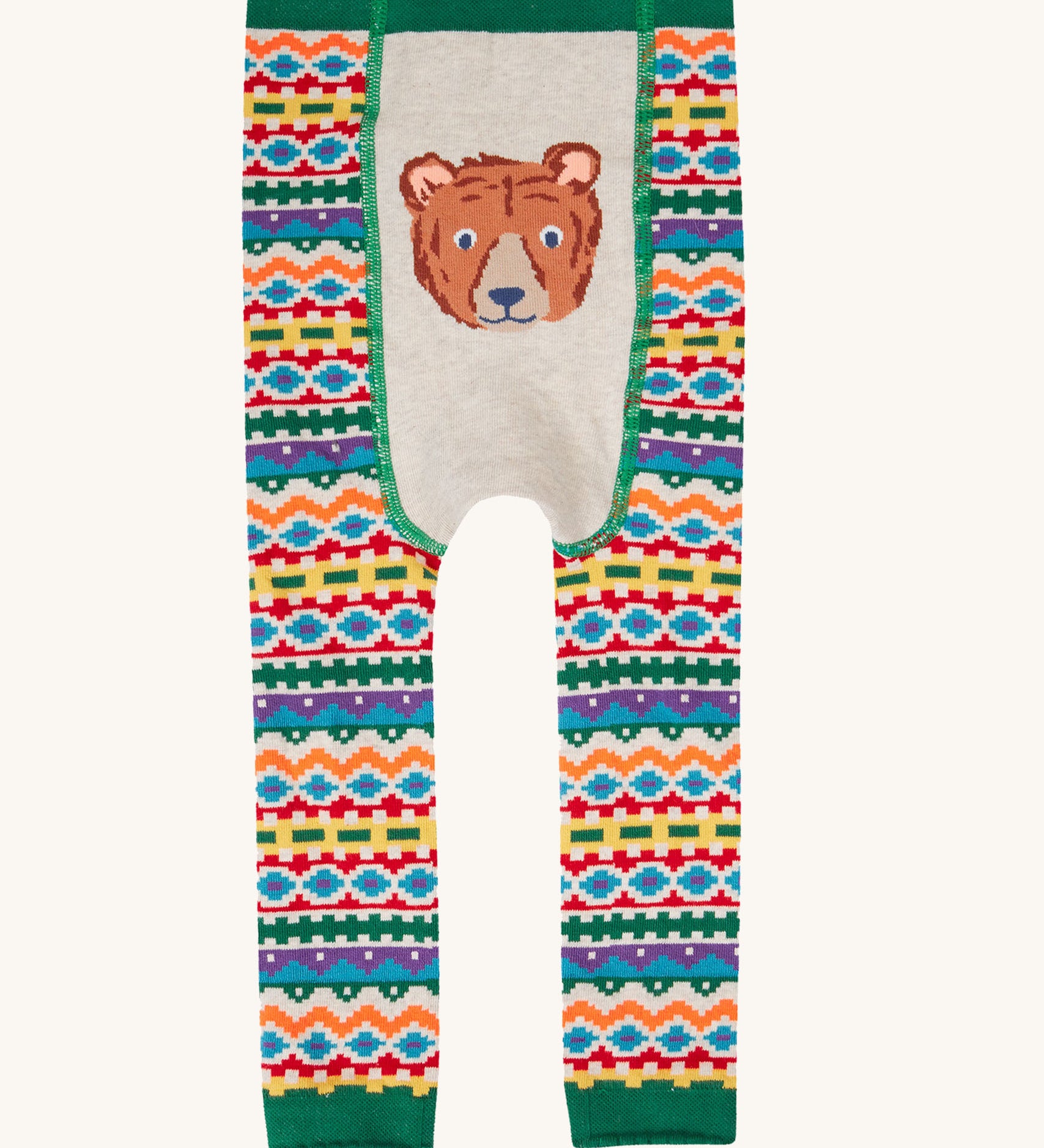 Frugi organic cotton little knitted leggings with a bear fair isle design. 