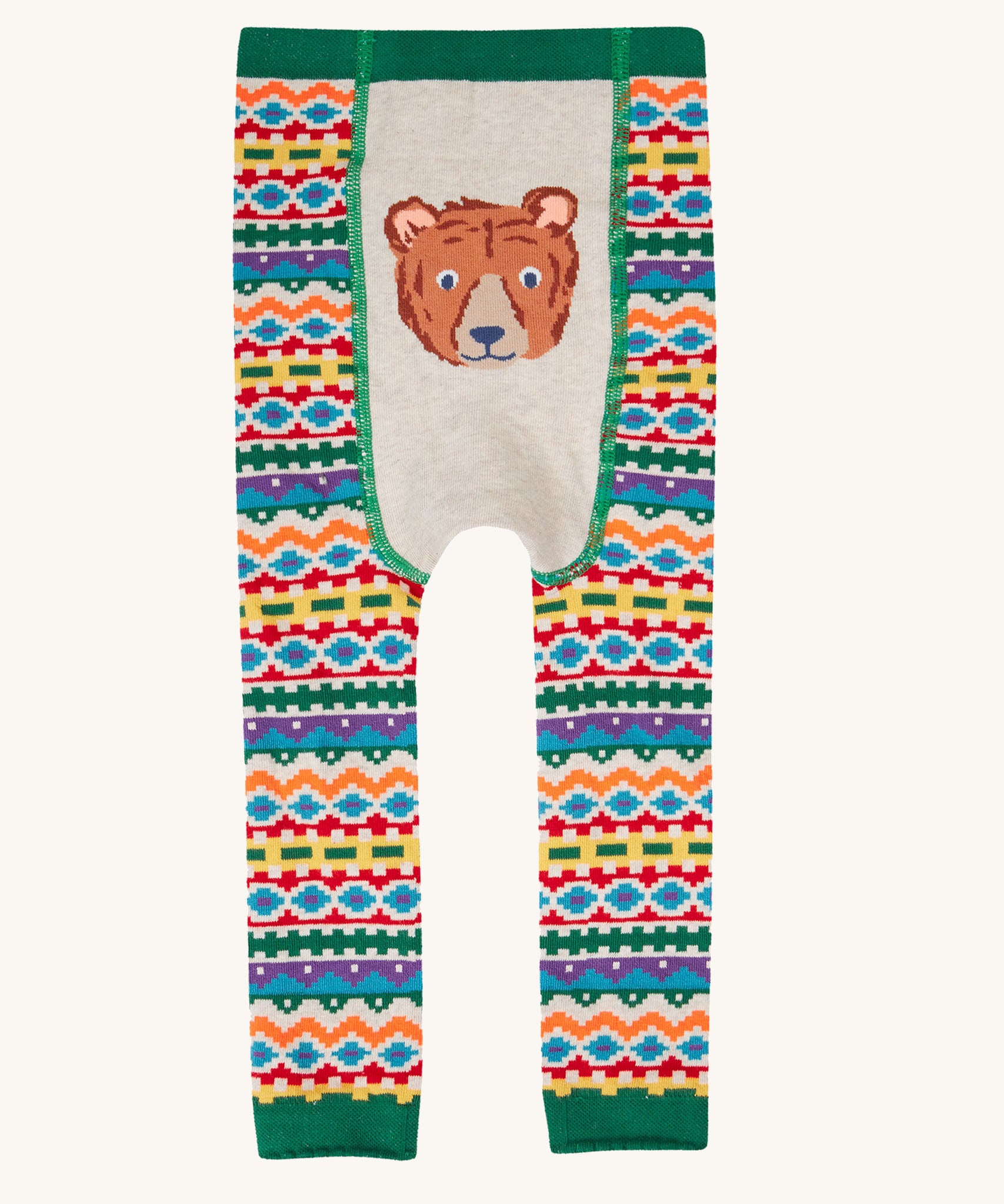 Frugi organic cotton little knitted leggings with a bear fair isle design. 