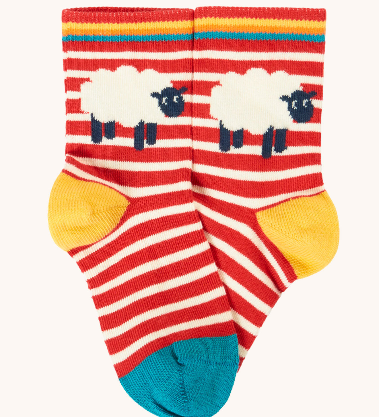 Frugi little organic cotton socks organic cotton 3 pack.Red and white striped pair with a sheep on the side, yellow heel and blue toe caps.
