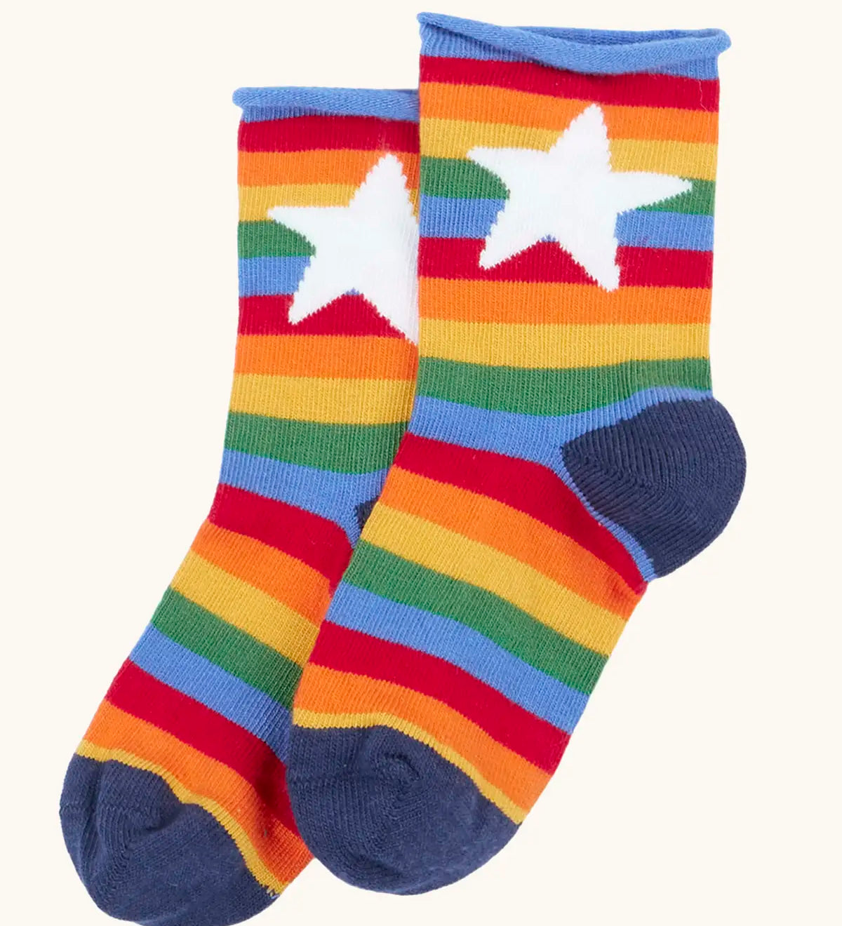 Rainbow striped roll top socks with white star from the Frugi little roly bamboo socks in a 3 pack.