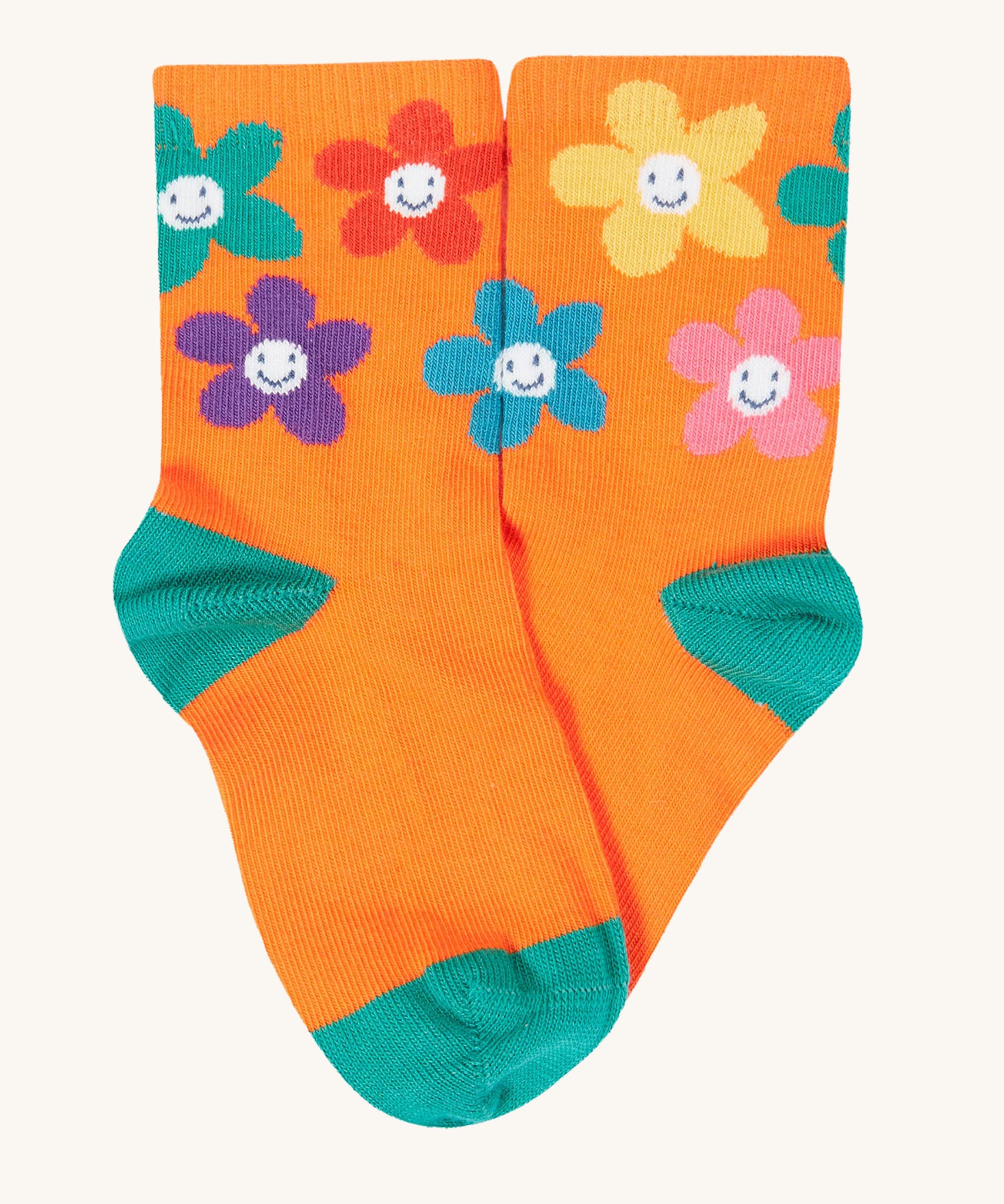 The orange flower organic cotton socks from the Frugi Little Socks fun flowers 3 pack.