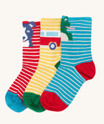 Frugi Little Socks in a 3 pack featuring farm designs on striped background.