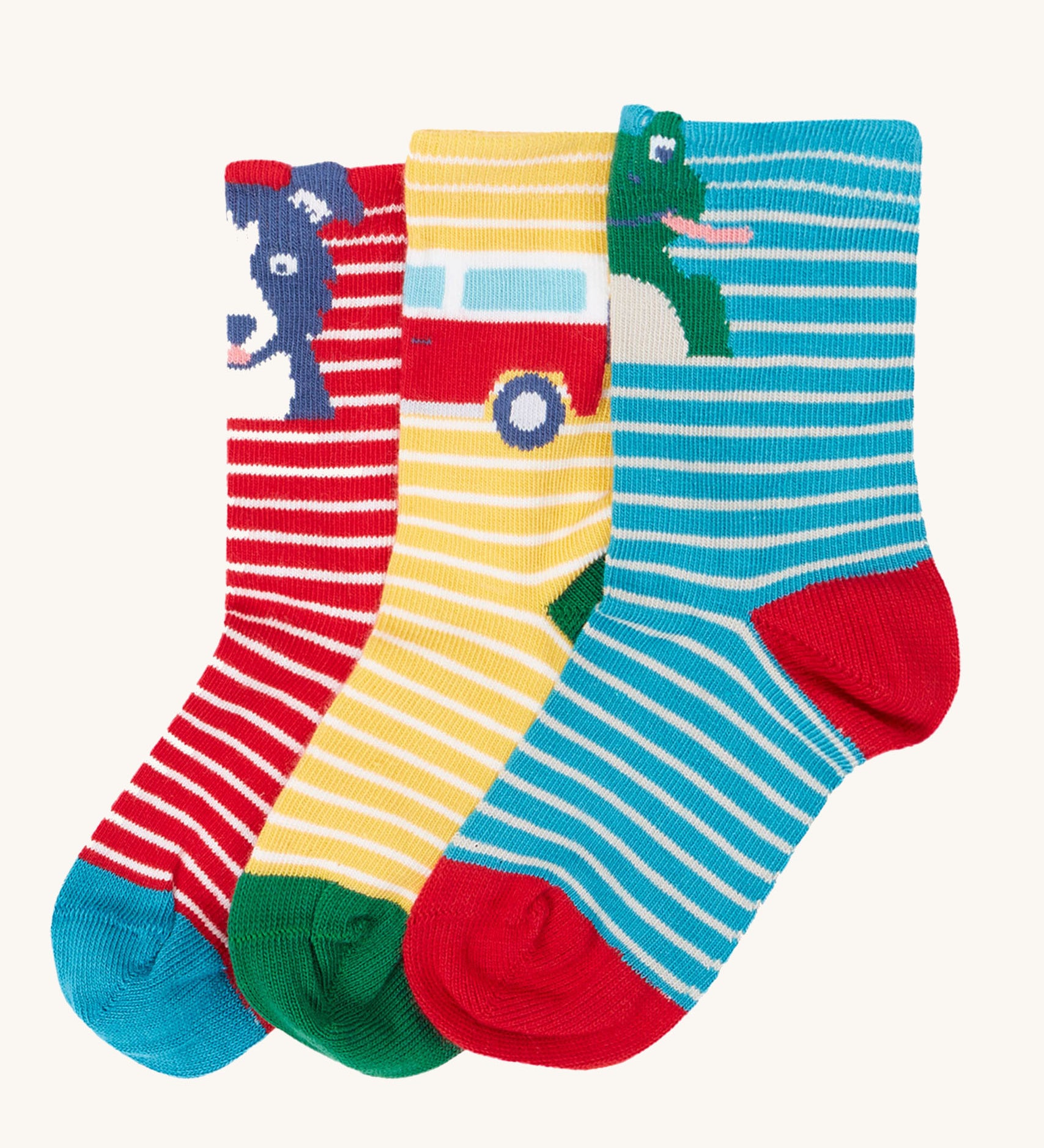 Frugi Little Socks in a 3 pack featuring farm designs on striped background.