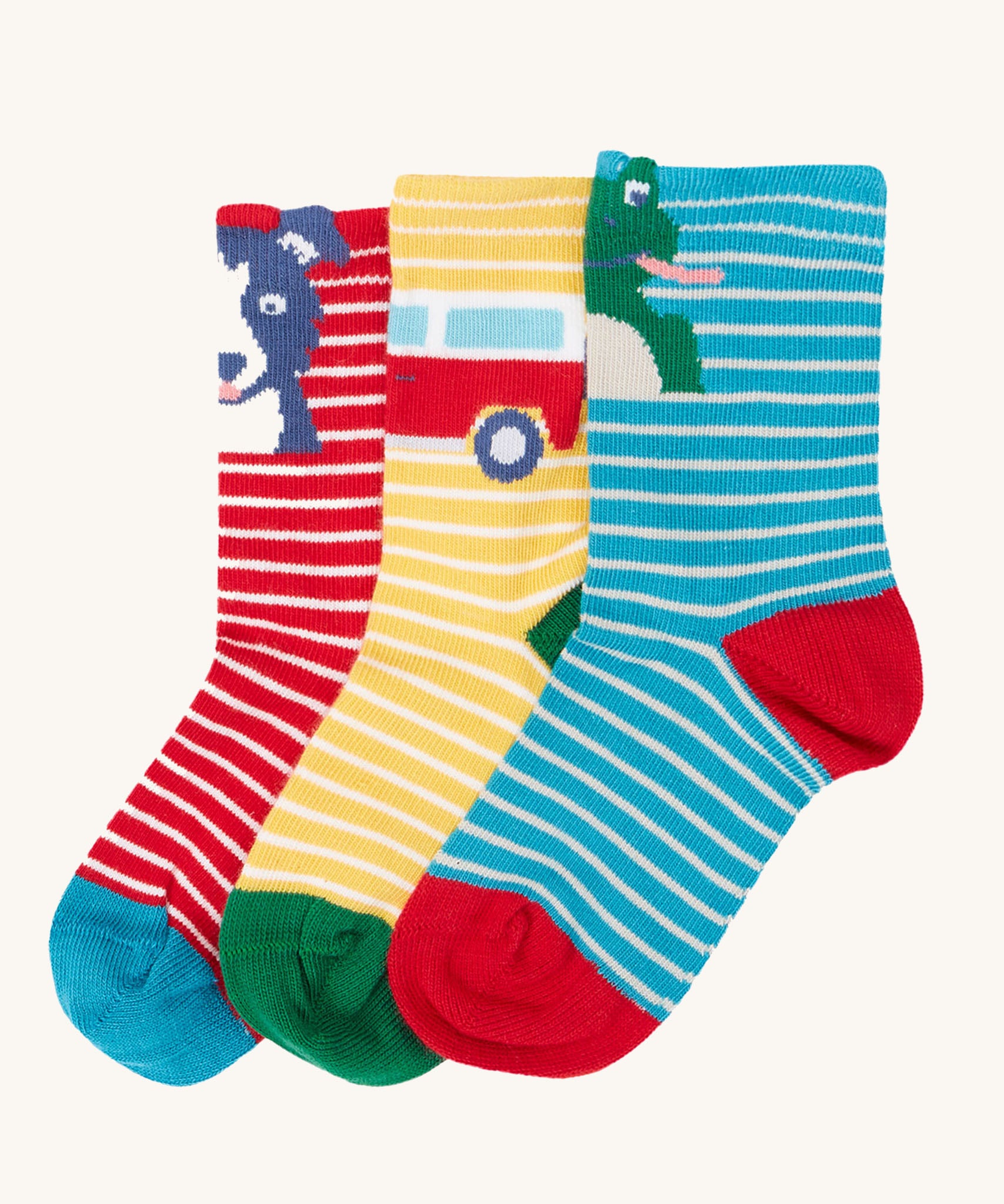 Frugi Little Socks in a 3 pack featuring farm designs on striped background.