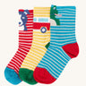 Frugi Little Socks in a 3 pack featuring farm designs on striped background.