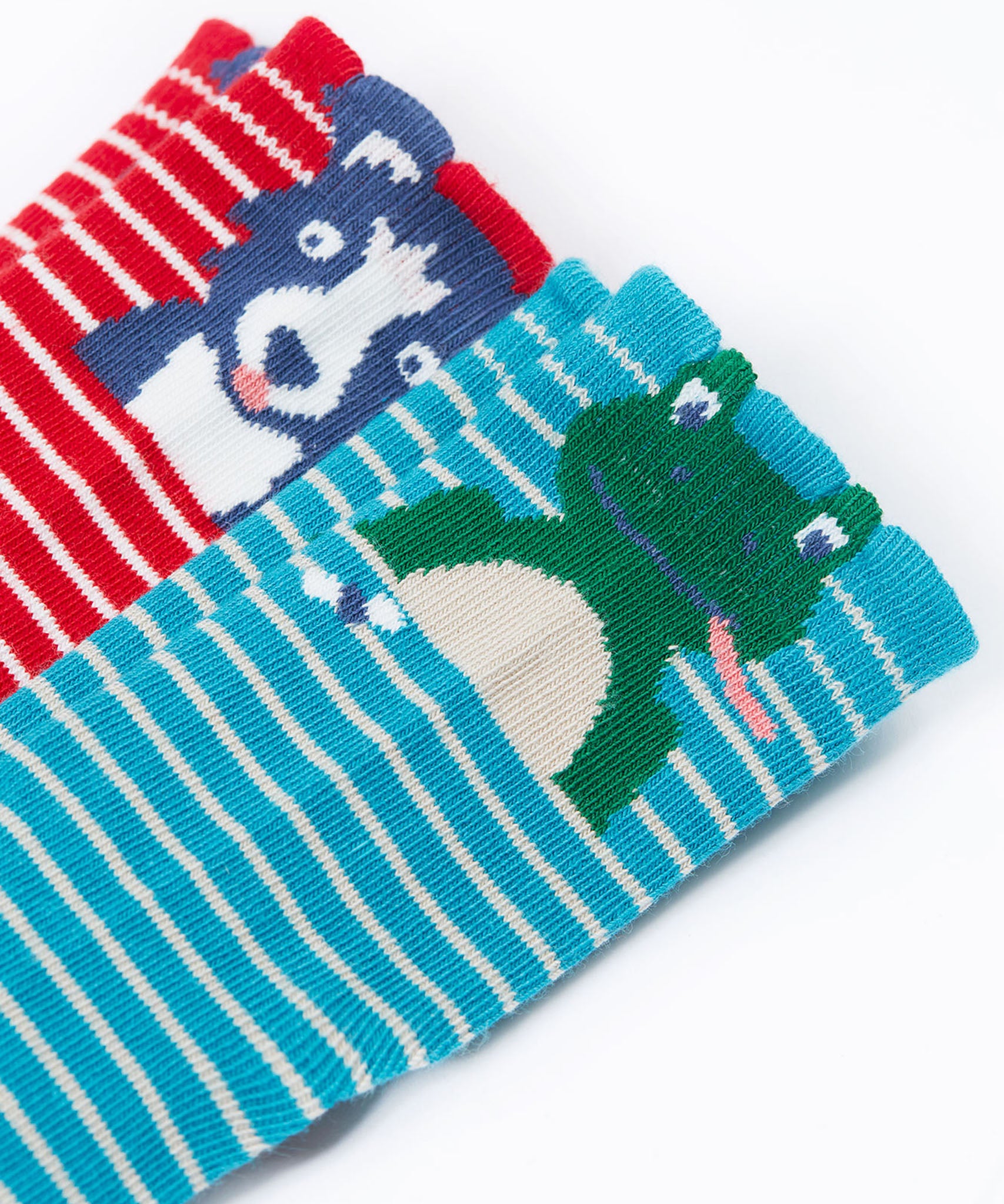 The frog and dog socks from the Frugi Little Socks 3 pack featuring farm designs .