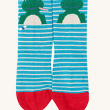 The blue frog design socks from the Frugi Little Socks for baby and toddlers in a 3 pack featuring farm themed striped designs.