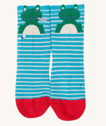 The blue frog design socks from the Frugi Little Socks for baby and toddlers in a 3 pack featuring farm themed striped designs.