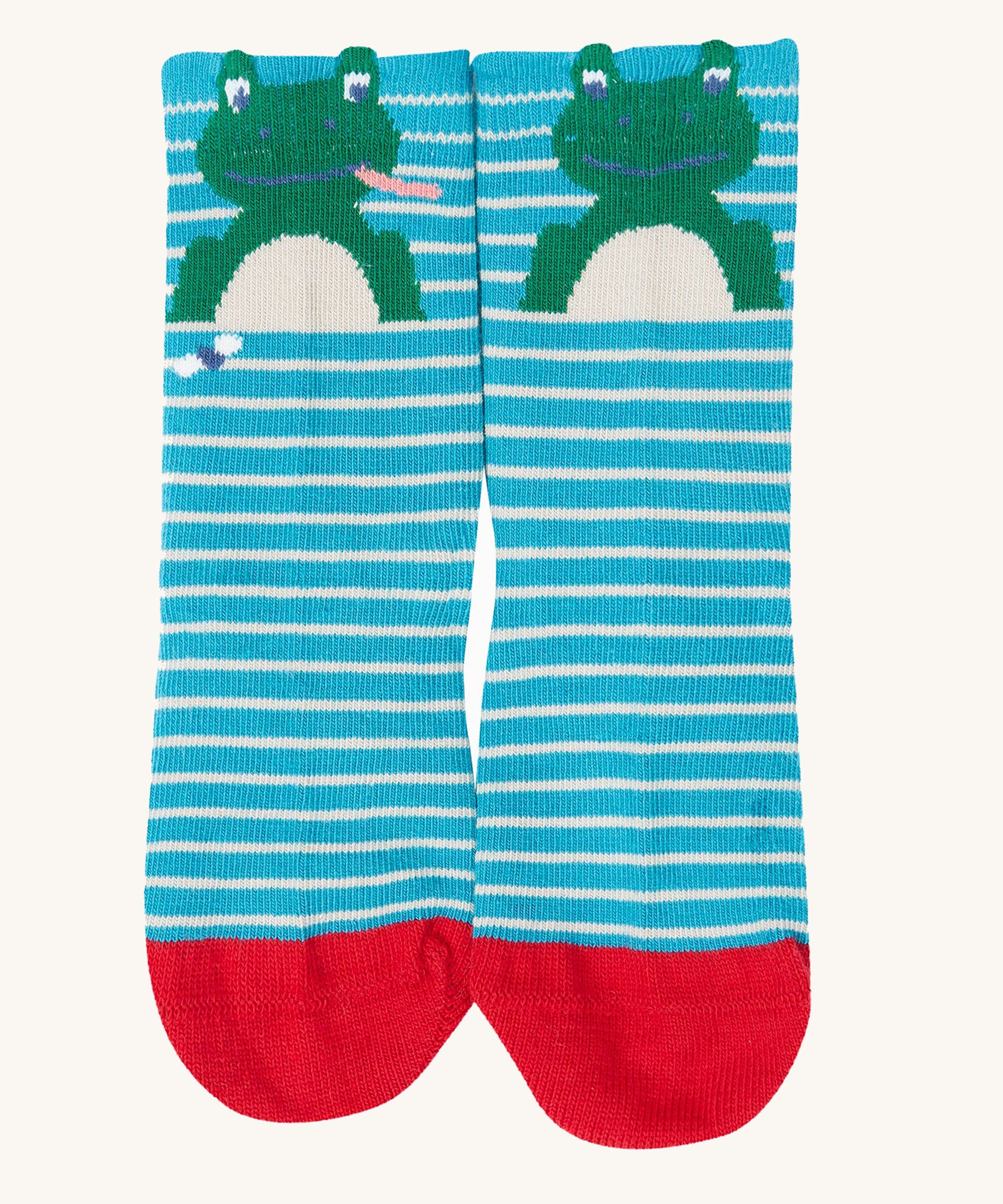 The blue frog design socks from the Frugi Little Socks for baby and toddlers in a 3 pack featuring farm themed striped designs.